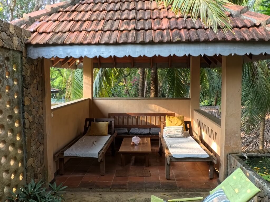 Terrace above the trees at Gem River Edge in Kataragama, Sri Lanka